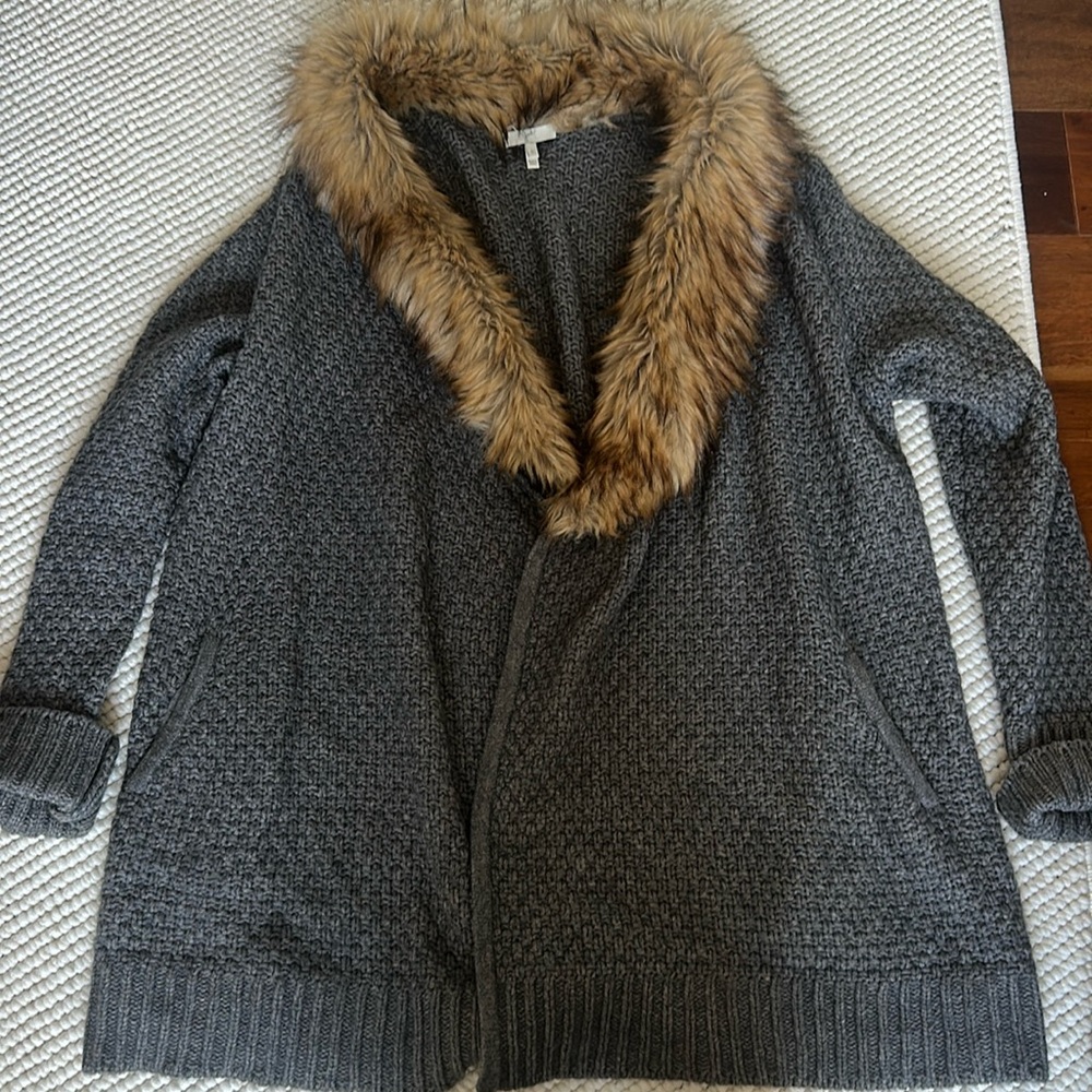 Joie Large Grey Cardigan With Faux Fur
